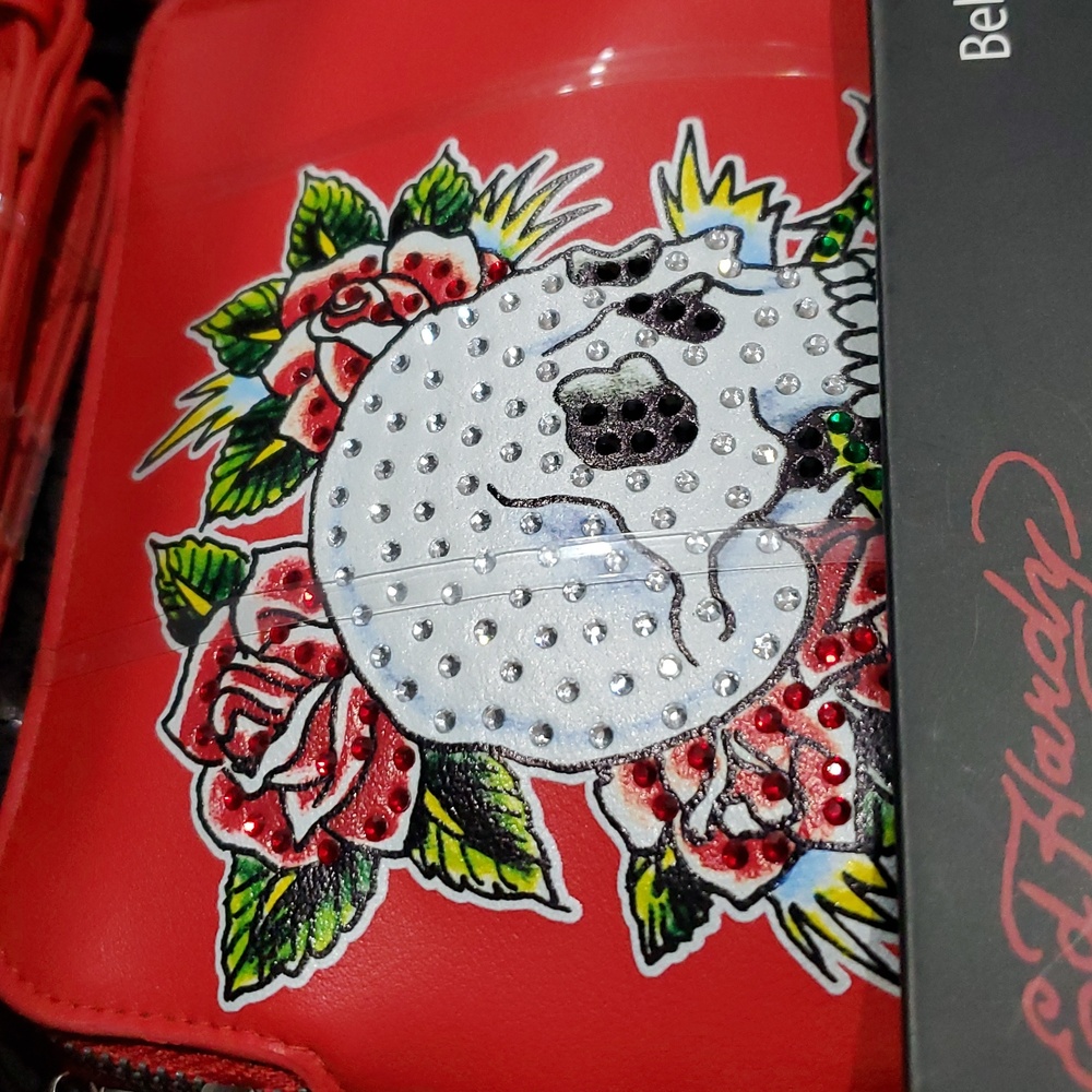 Ed hardy red iconic Ed Hardy studded skull and roses printed belt bag brand new - Picture 5 of 11
